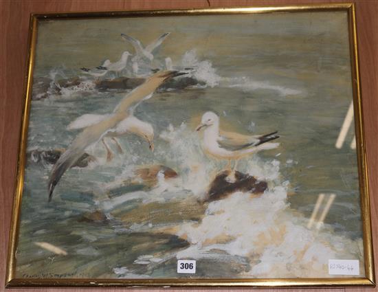 Charles Walter Simpson, watercolour and gouache on paper, gulls on rocks, signed and dated 1912, 50 x 60cm